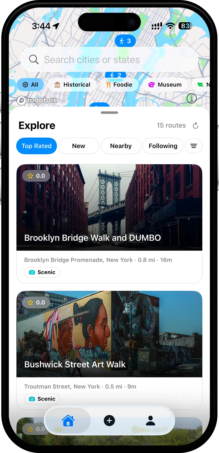 GridTravel Explore screen showing a feed of walking routes posted by travelers.