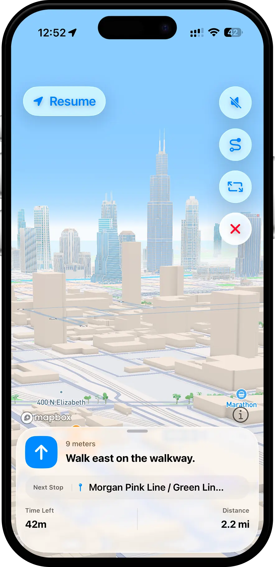 GridTravel Navigation screen with guided walking directions.
