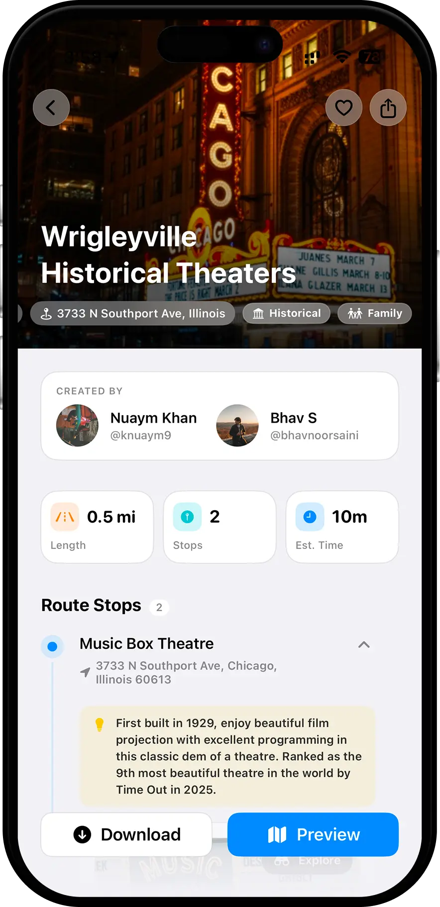 GridTravel Route screen with route details, collaborators, stops, and tips.